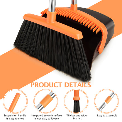 Broom & Dustpan Set 2-Pack | 51" Extendable Handle, 5-Layer Bristles, Foldable Storage (Brown Orange)