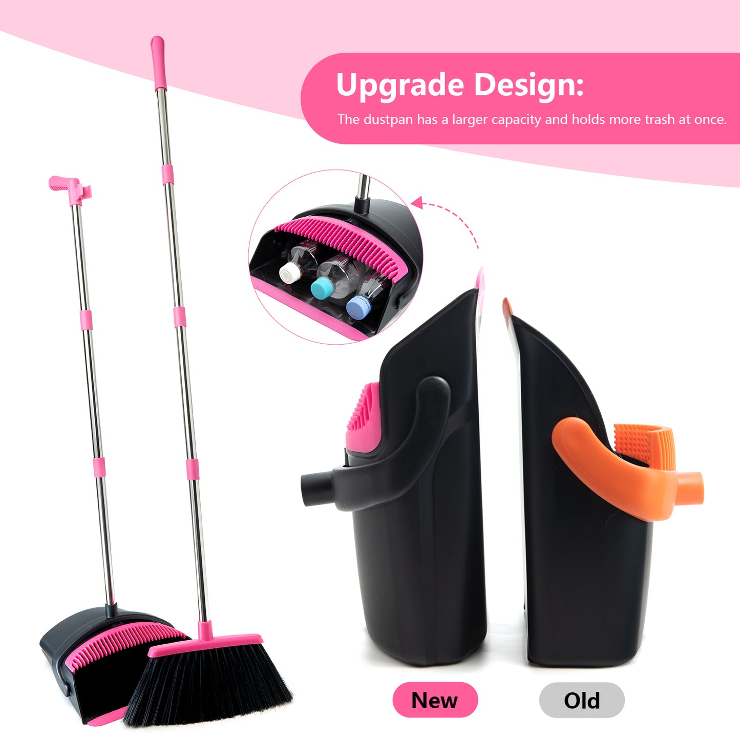 Broom and Dustpan Set, Long Handle Lightweight Dustpans with Broom Combo for Home, Indoor&Outdoor Sweeping for Home Room Kitchen Office Lobby (Black Pink)