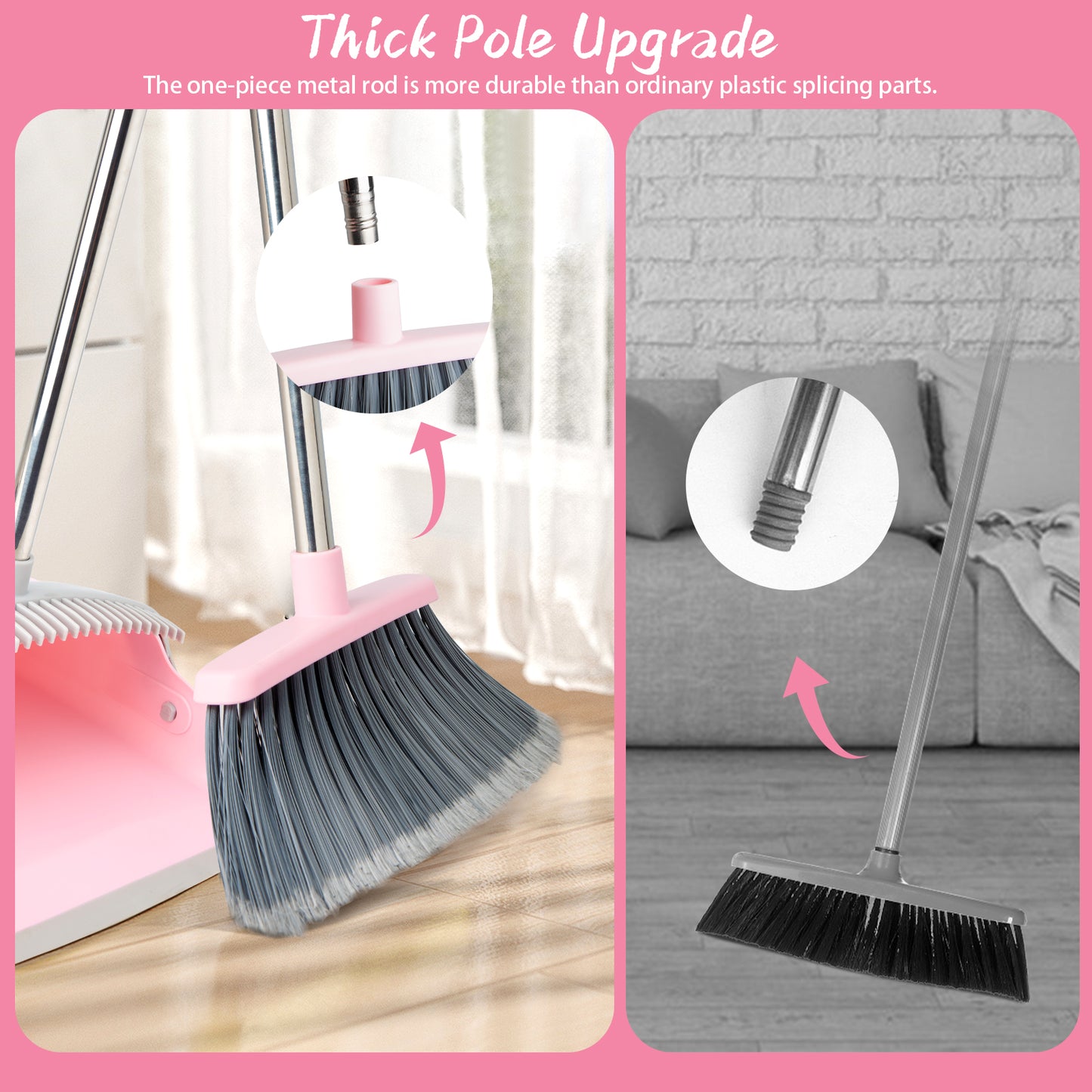 Broom & Dustpan Set | 51" Extendable Handle, Comb Teeth, Foldable Storage (Pink Gray)