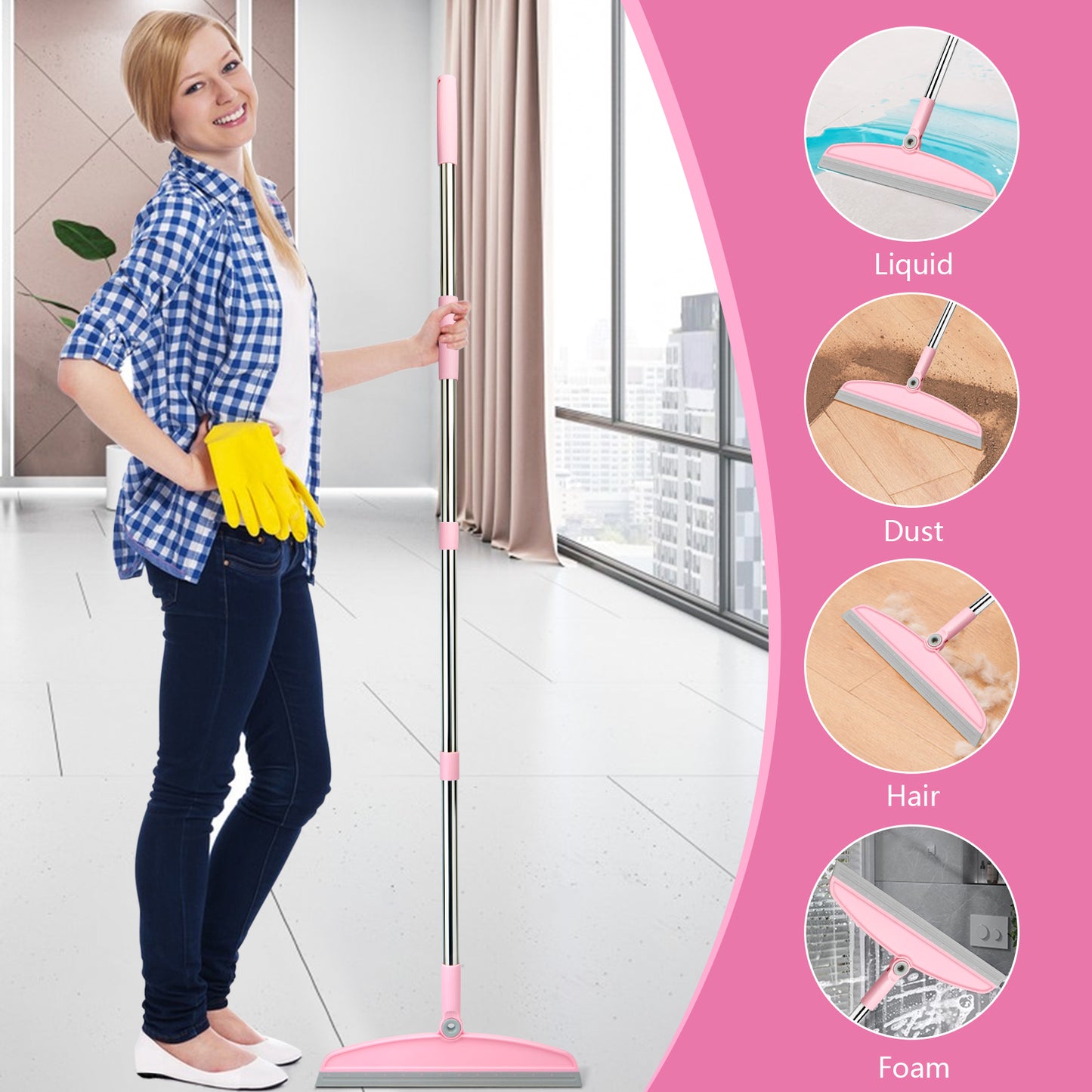 Silicone Broom | 54" Adjustable Handle, Rubber Squeegee, Rotating Head (Gray Pink)