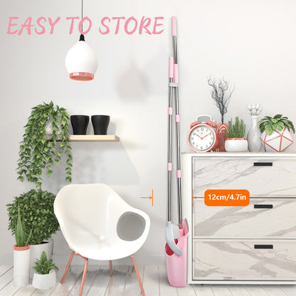 Broom & Dustpan Set | 51" Extendable Handle, Comb Teeth, Foldable Storage (Pink Gray)