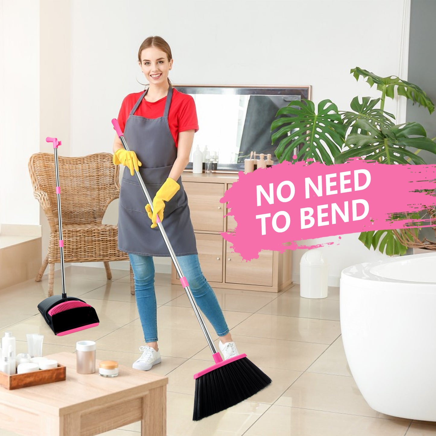 Broom and Dustpan Set, Long Handle Lightweight Dustpans with Broom Combo for Home, Indoor&Outdoor Sweeping for Home Room Kitchen Office Lobby (Black Pink)