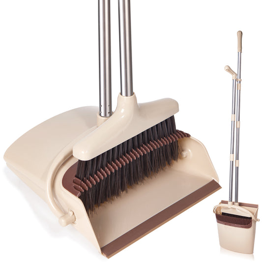 Broom and Dustpan Set with Long Handle, Light Weight Stainless Steel Poles Stand Upright Dustpans with Broom Combo for Home Kitchen Office Pet Dog Hair, Brown & Beige Color, 1-Pack