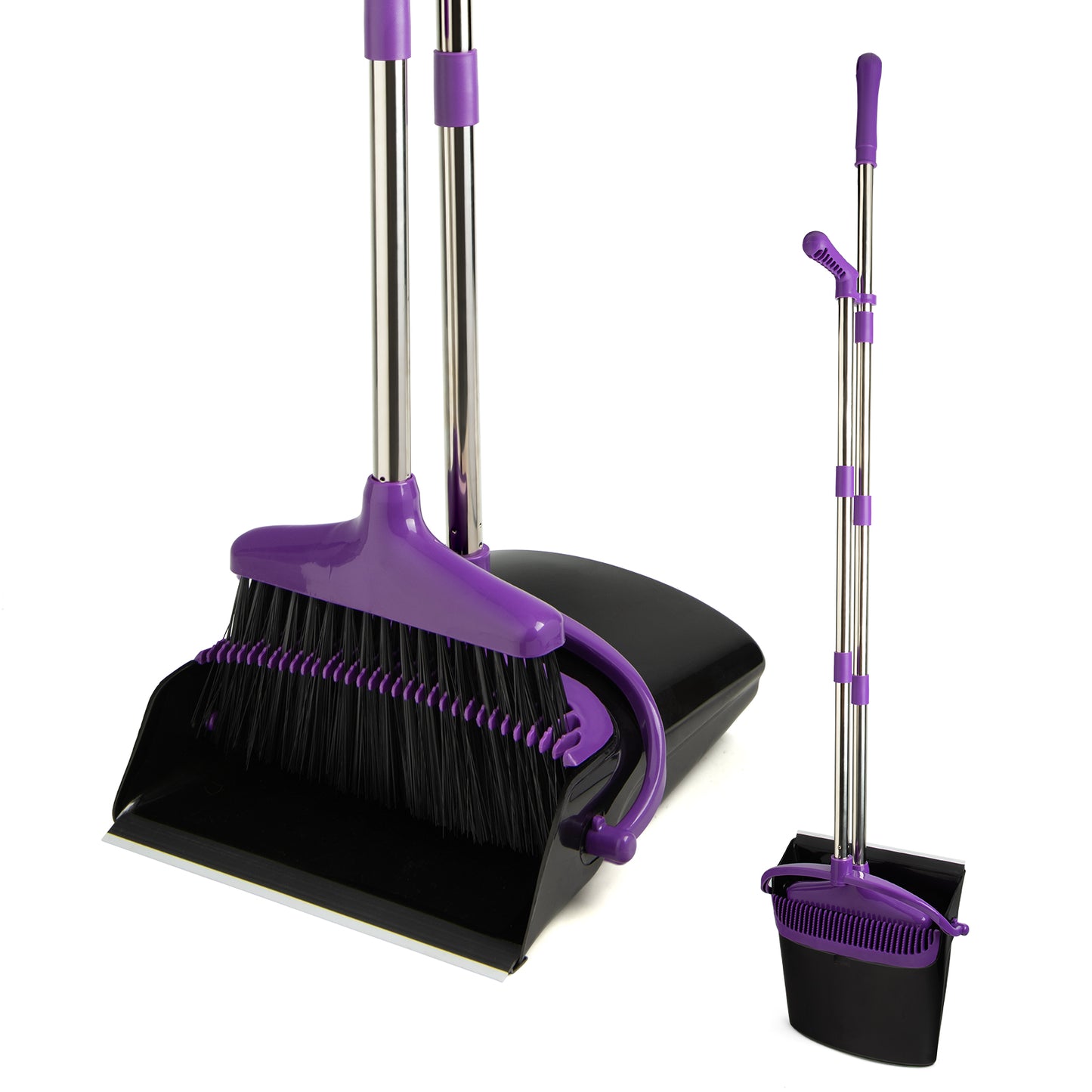 Broom and Dustpan Set with Long Handle, Light Weight Stainless Steel Poles Stand Upright Dustpans with Broom Combo for Home Kitchen Office Pet Dog Hair, 1-Pack