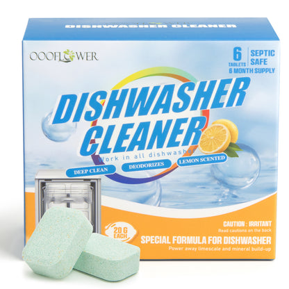 Dishwasher Cleaner Tablets, 6-Pack + Kitchen Sponge | Lemon Citric Acid Deep Clean