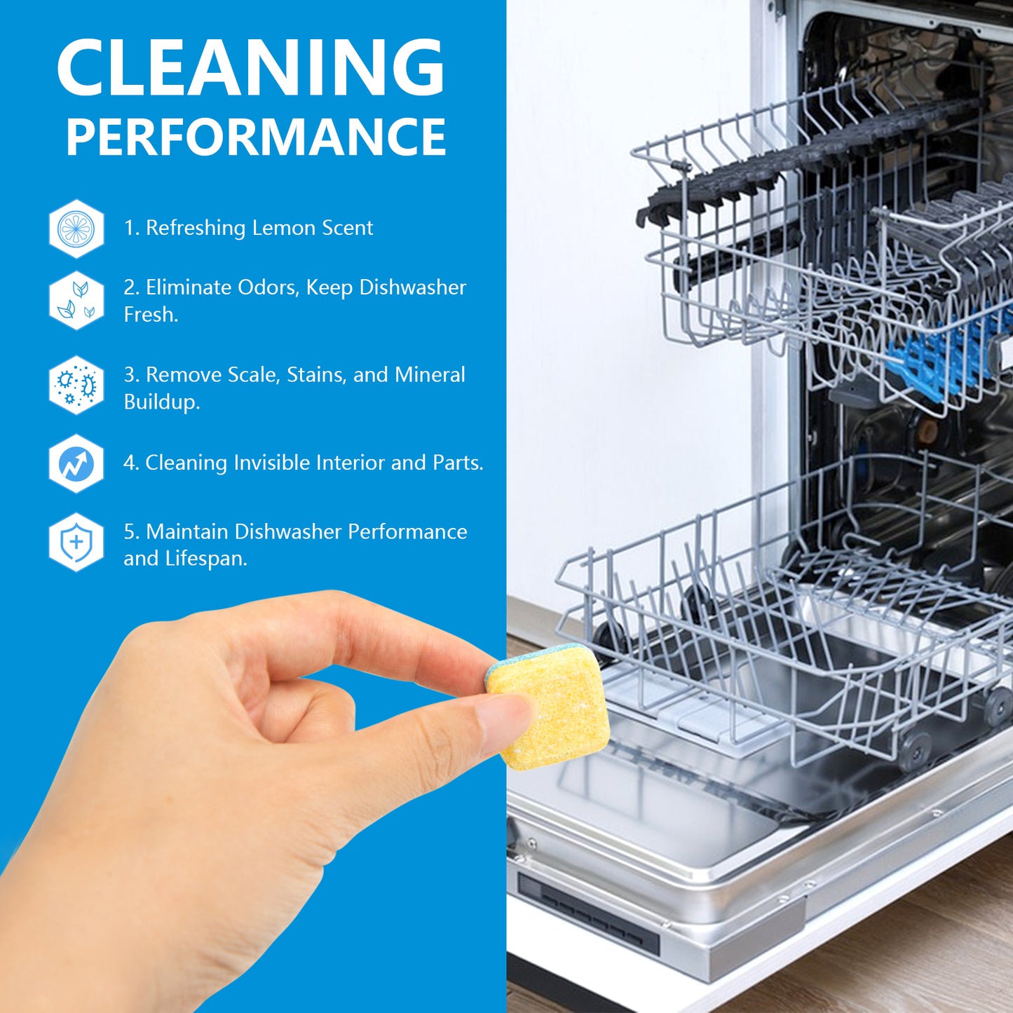 Broom & Dustpan Set + Dishwasher Cleaner Tablets 6-Pack + Kitchen Sponge | Comb Teeth, Lemon, Descaling Combo