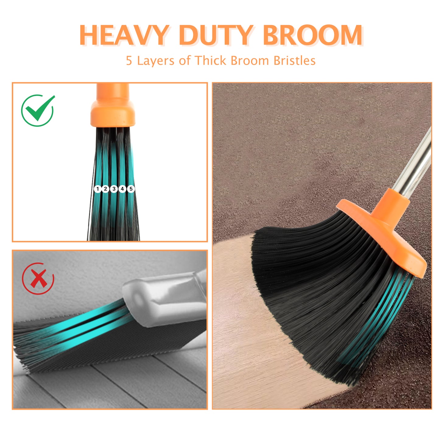 Broom & Dustpan Set 2-Pack | 51" Extendable Handle, 5-Layer Bristles, Foldable Storage