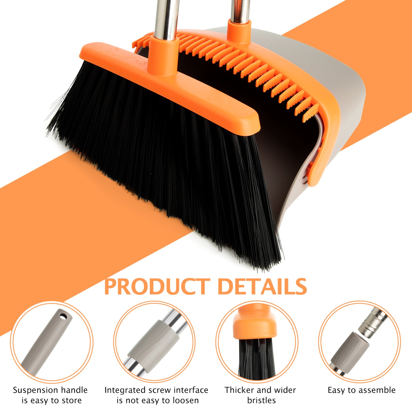 Broom & Dustpan Set 2-Pack | 51" Extendable Handle, 5-Layer Bristles, Foldable Storage