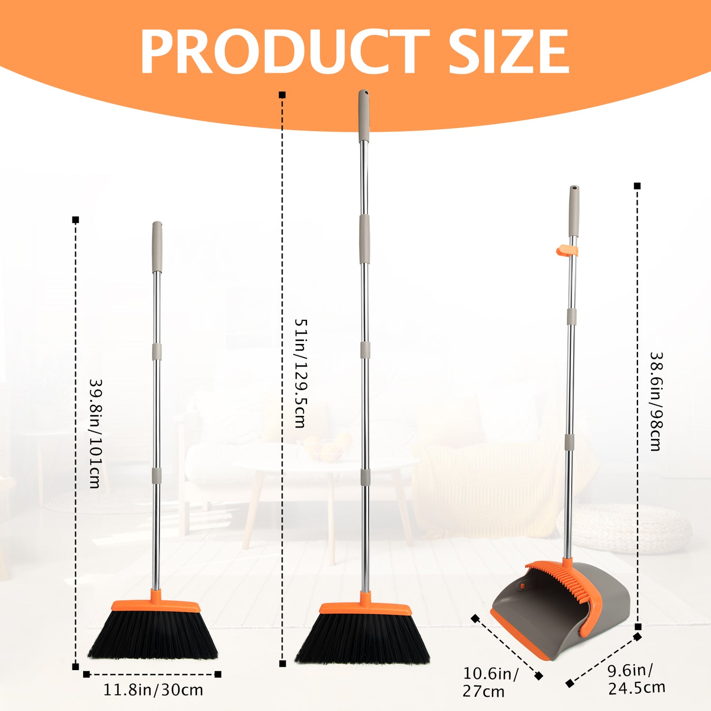 Broom & Dustpan Set 2-Pack | 51" Extendable Handle, 5-Layer Bristles, Foldable Storage