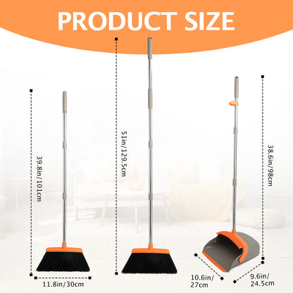 Broom & Dustpan Set 2-Pack | 51" Extendable Handle, 5-Layer Bristles, Foldable Storage