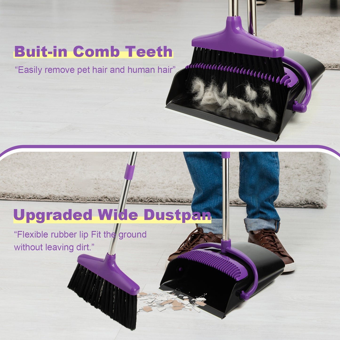 Broom and Dustpan Set with Long Handle, Light Weight Stainless Steel Poles Stand Upright Dustpans with Broom Combo for Home Kitchen Office Pet Dog Hair, 1-Pack