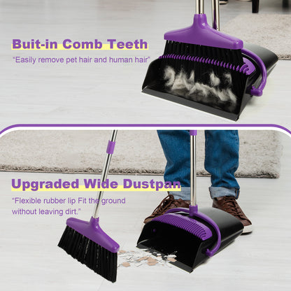 Broom and Dustpan Set, Stainless Steel Long Handle for Home & Kitchen