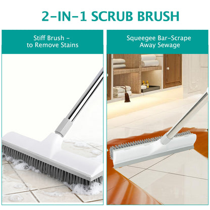 2-in-1 Floor Scrub Brush & Scraper | 59.8" Long Handle, Wide PET Bristles