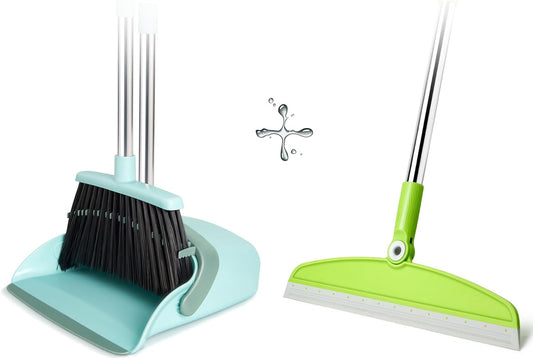Broom & Dustpan Set + Silicone Air Broom Combo | 180° Rotating Squeegee, Gray Green