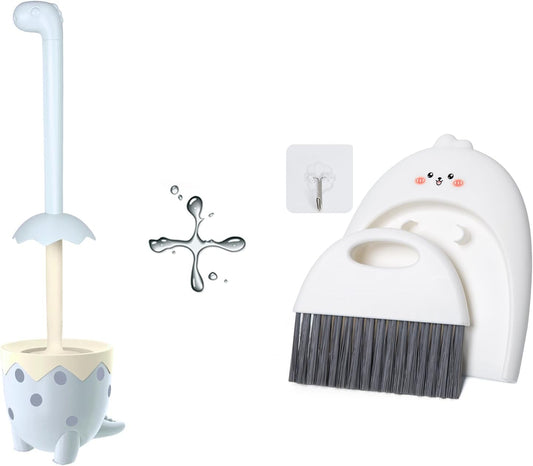 Dinosaur Toilet Brush & Mini Dustpan Brush Set Combo | TPR Bristles, Cute Animal Design