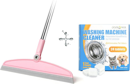 Silicone Rubber Broom (Gray Pink) + Washer Cleaner Tablets 24-Count | 54" Adjustable, Pet Odor, 1-Year Supply