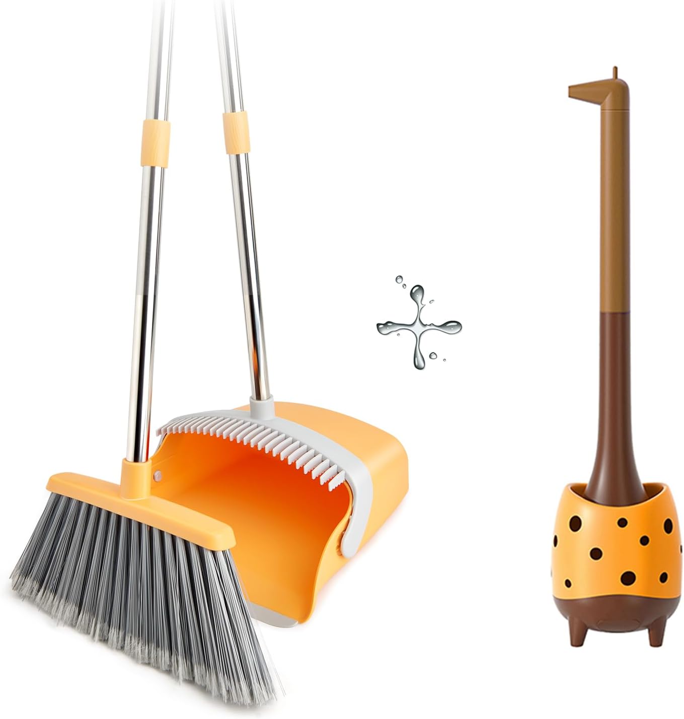 Broom & Dustpan Set + Giraffe Toilet Brush Combo | Folding Dustpan, 5-Layer Bristles