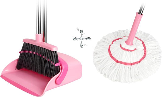 Broom & Dustpan Set + Self-Wringing Twist Mop Combo | 90° Folding, 57" Long Handle