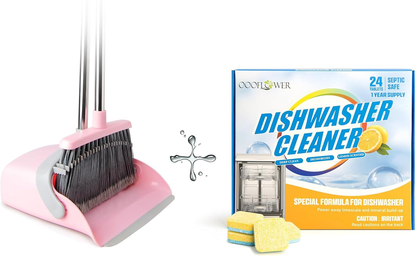 Broom & Dustpan Set (Pink Gray) + Dishwasher Cleaner Tablets 24-Count | Comb Teeth, 1-Year Descaling Combo
