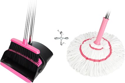Broom & Dustpan Set + Self-Wringing Twist Mop Combo | 57" Long Handle, Microfiber