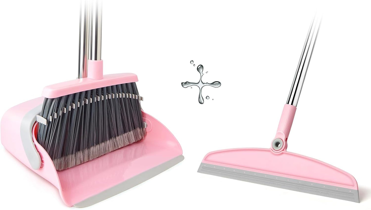Broom & Dustpan Set + Silicone Rubber Broom Combo | 54" Adjustable, Comb Teeth, Rotating Head (Gray Pink)