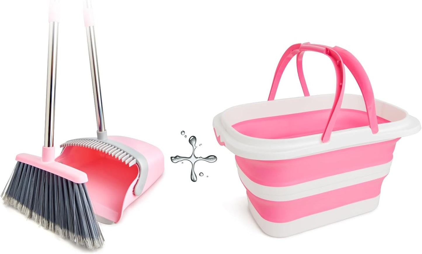 Broom & Dustpan Set + 4.2 Gallon Collapsible Bucket Combo | Gray Pink & Pink White