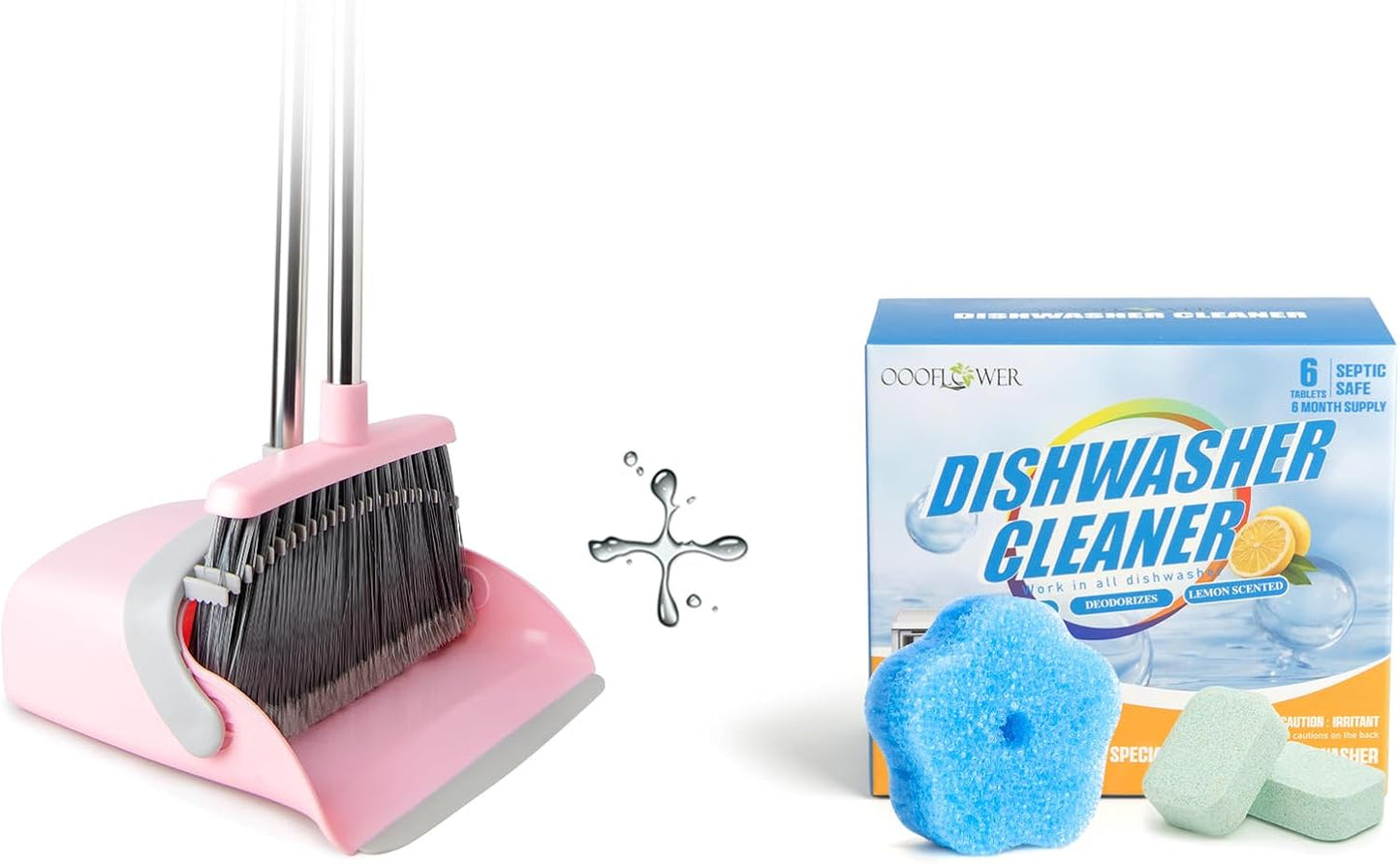Broom & Dustpan Set + Dishwasher Cleaner Tablets 6-Pack + Kitchen Sponge | Comb Teeth, Lemon, Descaling Combo