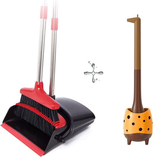 Broom & Dustpan Set + Giraffe Toilet Brush Combo | 55.3" Long Handle, PP Bristles