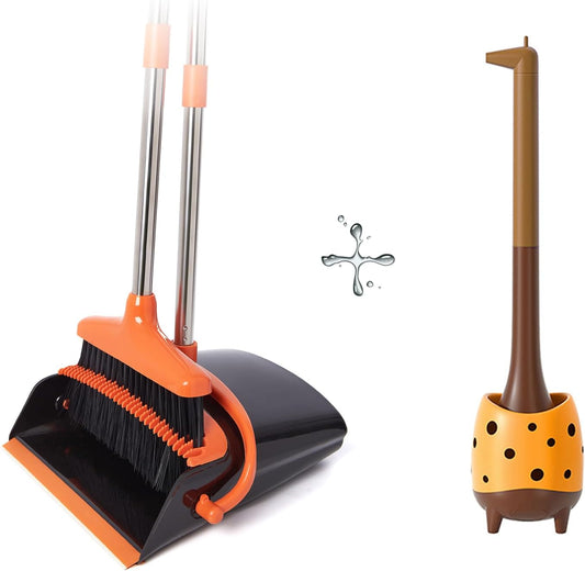 Upgraded Broom & Dustpan Set + Giraffe Toilet Brush Combo | Comb Teeth, 5-Layer Bristles