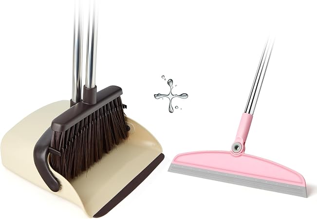 Broom & Dustpan Set (Beige) + Silicone Rubber Broom (Gray Pink) | 51" Comb Teeth, Rotating Head, Foldable Combo