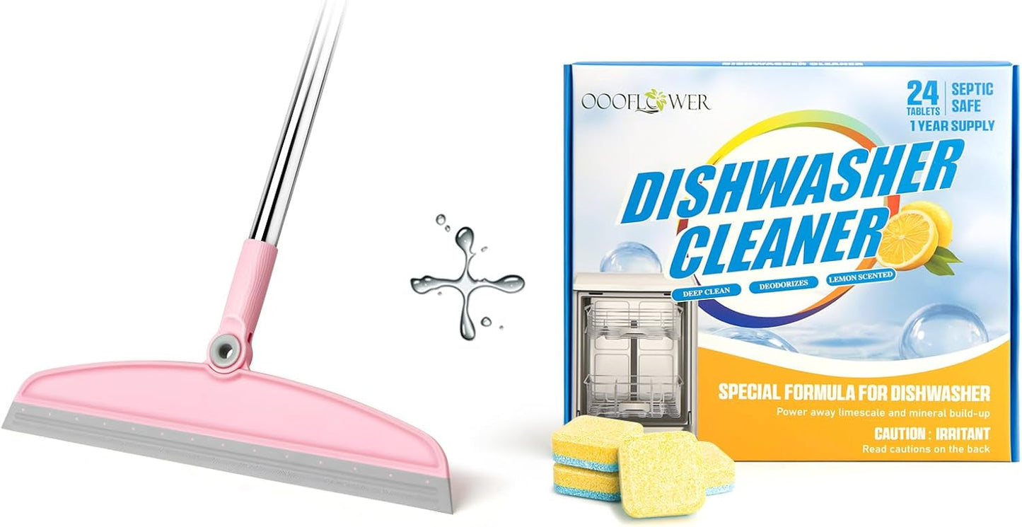 Silicone Rubber Broom + Dishwasher Cleaner Tablets 24-Count | Pet Hair, Descaling, 1-Year Supply