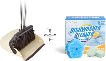 Broom & Dustpan Set (Beige) + Dishwasher Cleaner Tablets 6-Pack + Kitchen Sponge | Comb Teeth, Lemon, Descaling Combo
