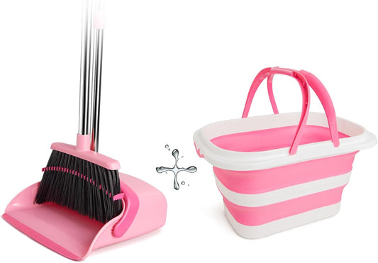 Broom & Dustpan Set + 4.2 Gallon Collapsible Bucket Combo | 90° Folding, Wall-Hang Storage