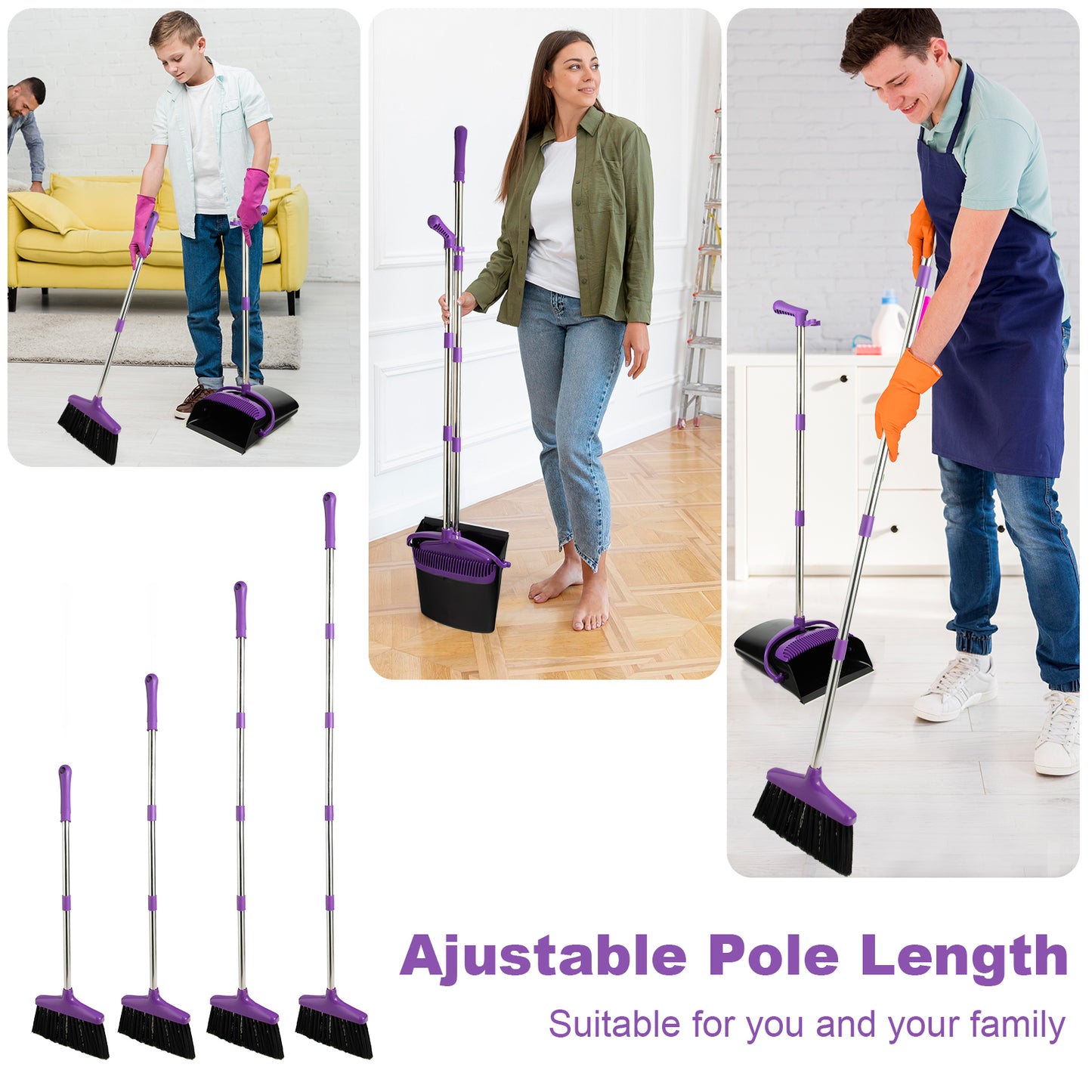 Broom and Dustpan Set with Long Handle, Light Weight Stainless Steel Poles Stand Upright Dustpans with Broom Combo for Home Kitchen Office Pet Dog Hair, 1-Pack
