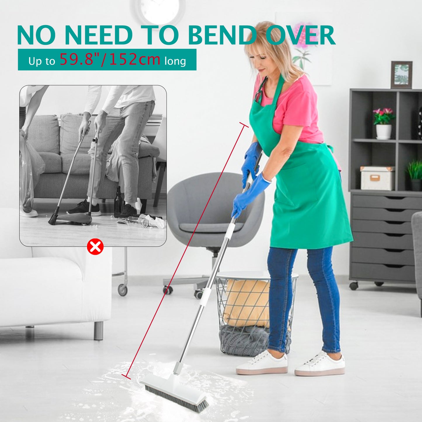 2-in-1 Floor Scrub Brush & Scraper | 59.8" Long Handle, Wide PET Bristles