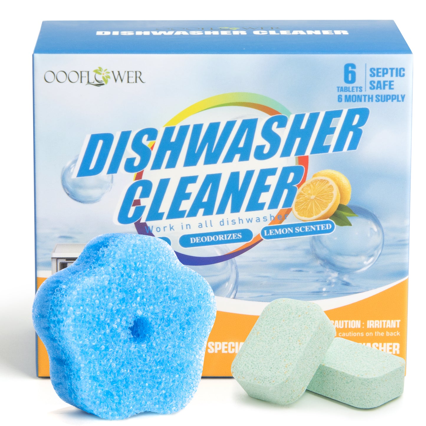 Dishwasher Cleaner Tablets, 6-Pack + Kitchen Sponge | Lemon Citric Acid Deep Clean