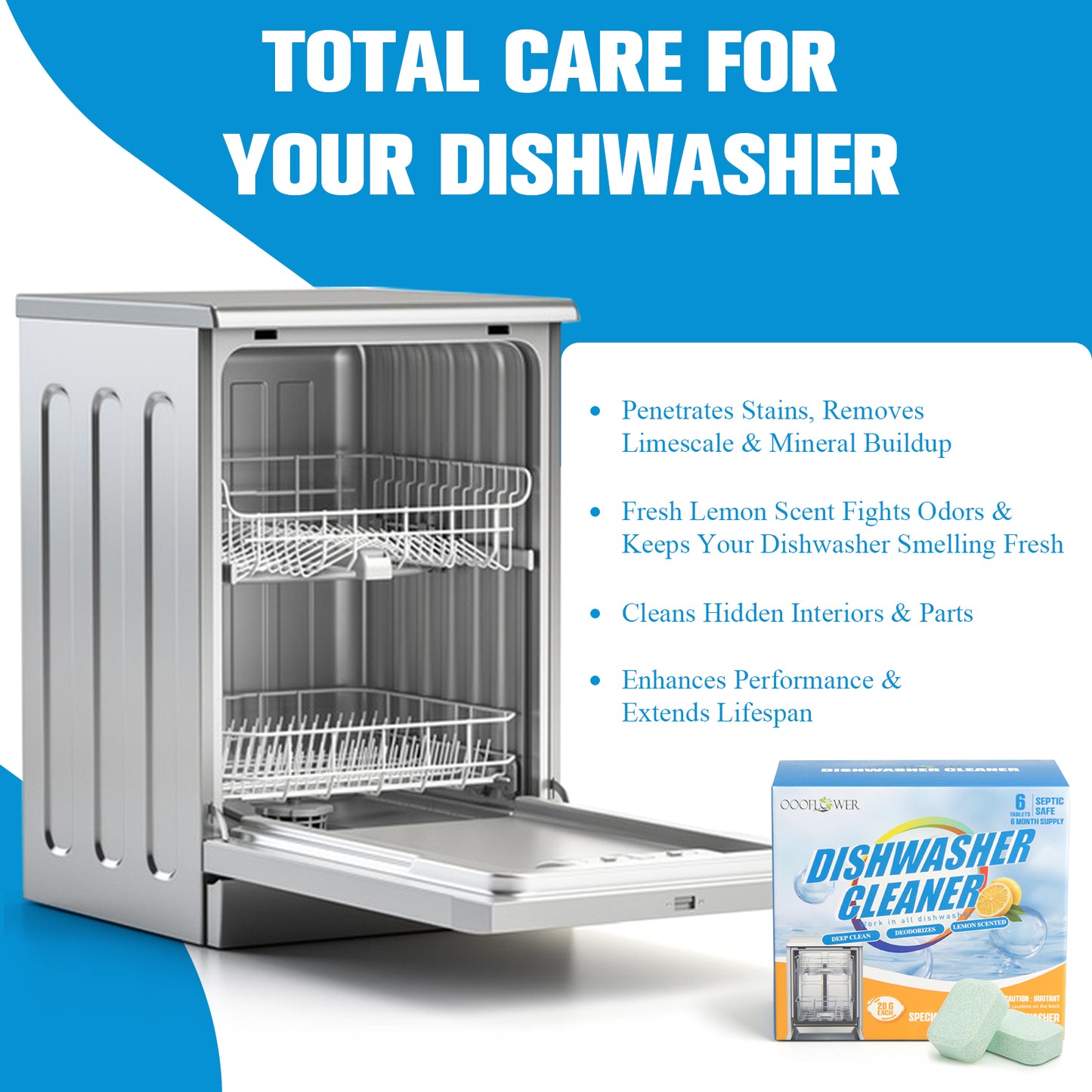 Dishwasher Cleaner Tablets, 6-Pack + Kitchen Sponge | Lemon Citric Acid Deep Clean