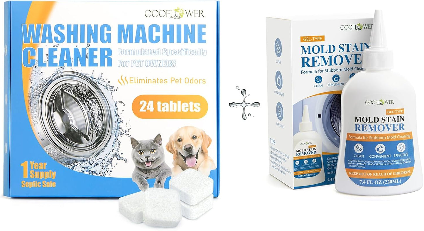 Washing Machine Cleaner Tablets 24-Count + Stain Remover Gel Combo | Pet Odor, No-Drip, Septic Safe