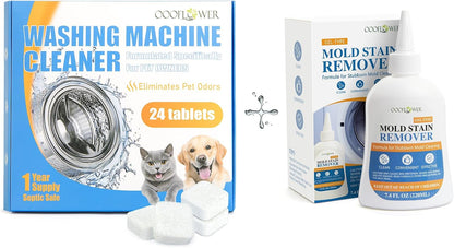 Washing Machine Cleaner Tablets 24-Count + Stain Remover Gel Combo | Pet Odor, No-Drip, Septic Safe