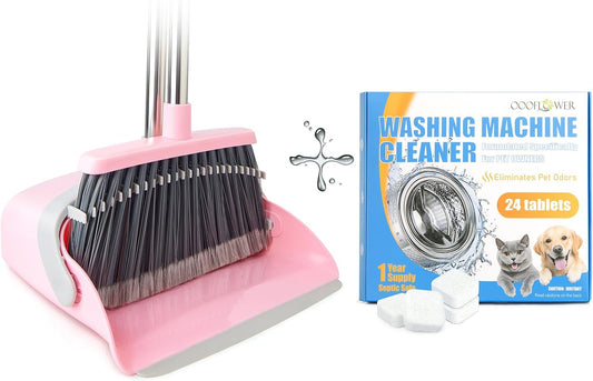 Broom & Dustpan Set (Gray Pink) + Washer Cleaner Tablets 24-Count | Comb Teeth, Pet Odor, 1-Year Supply