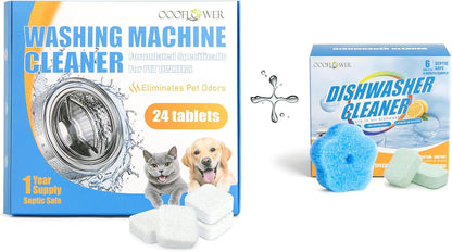 Washer Cleaner Tablets 24-Count + Dishwasher Tablets 6-Pack + Kitchen Sponge | Pet Odor, Descaling Combo