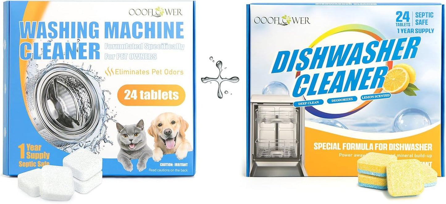 Washer Cleaner Tablets 24-Count + Dishwasher Cleaner Tablets 24-Count | Pet Odor, Descaling, 1-Year Supply