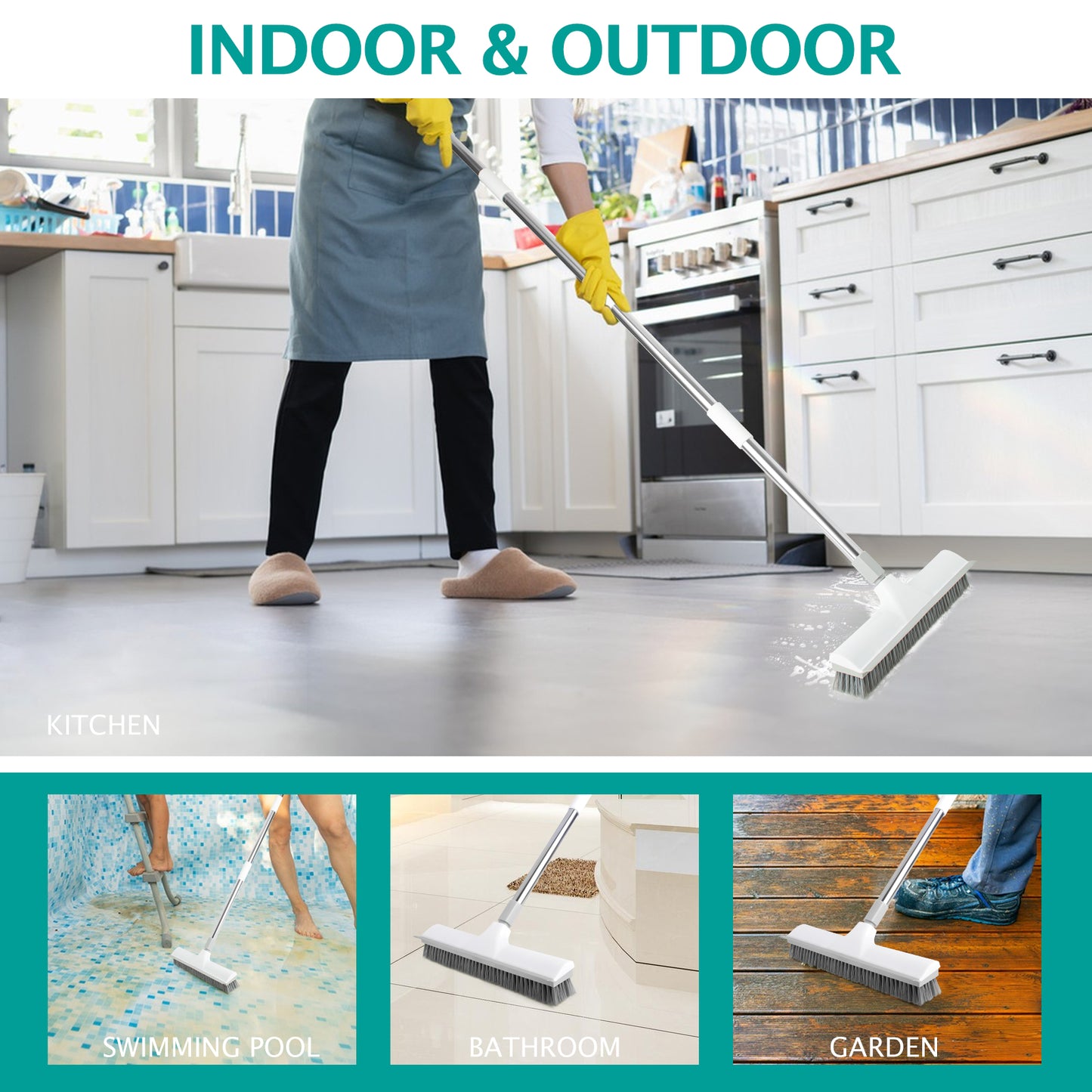 2-in-1 Floor Scrub Brush & Scraper | 59.8" Long Handle, Wide PET Bristles