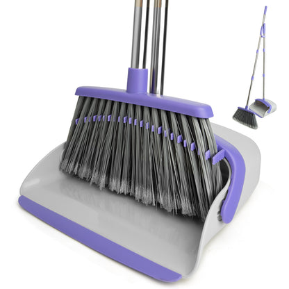 Broom & Dustpan Set | 51" Extendable Handle, Comb Teeth, Foldable Storage (Gray Purple)