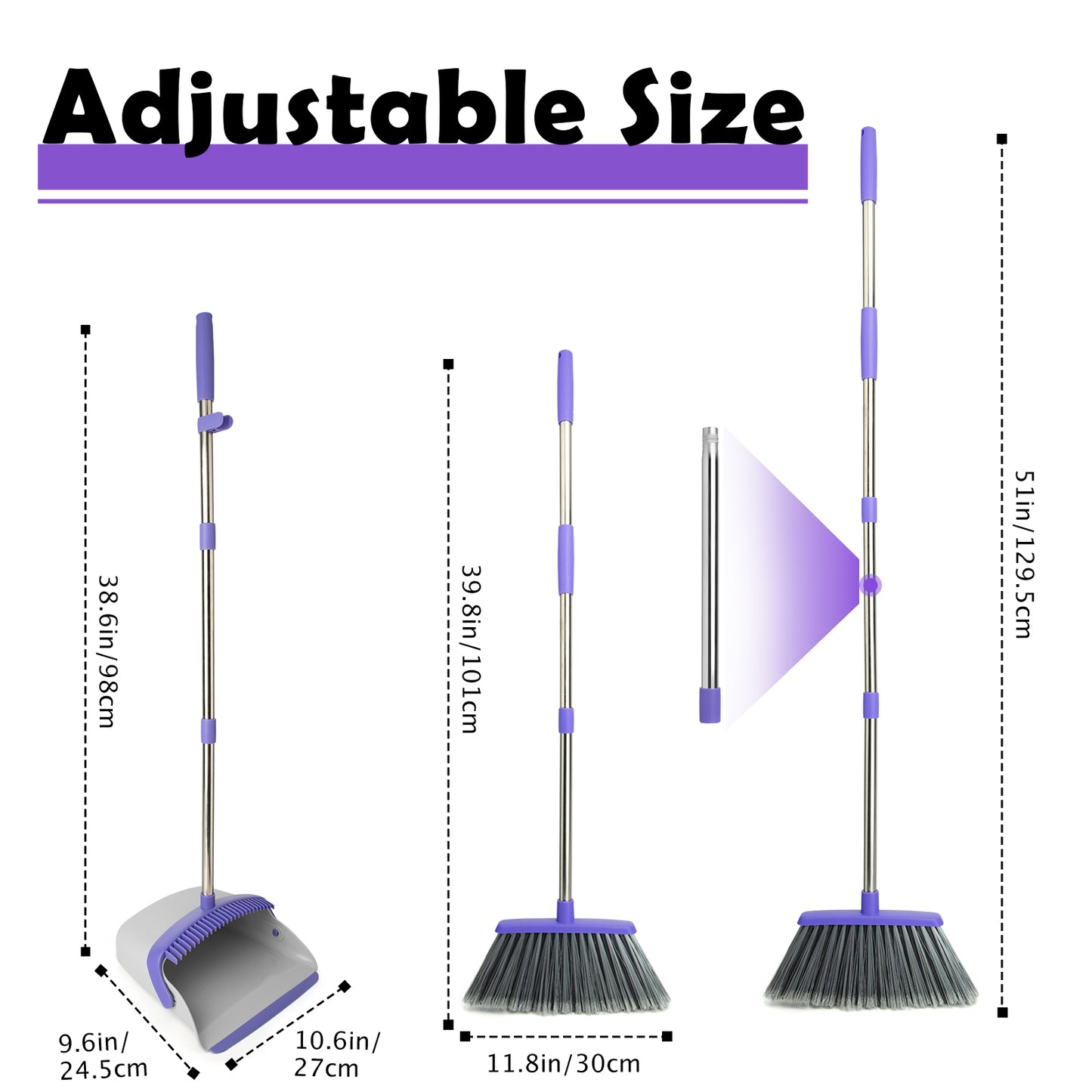 Broom & Dustpan Set | 51" Extendable Handle, Comb Teeth, Foldable Storage (Gray Purple)