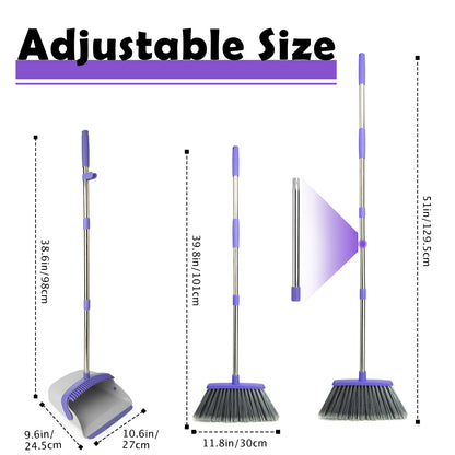 Broom & Dustpan Set | 51" Extendable Handle, Comb Teeth, Foldable Storage (Gray Purple)