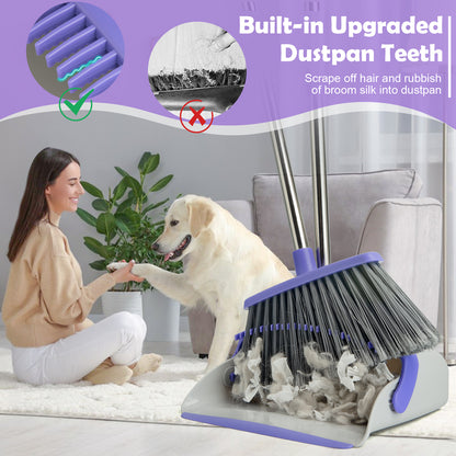 Broom & Dustpan Set | 51" Extendable Handle, Comb Teeth, Foldable Storage (Gray Purple)