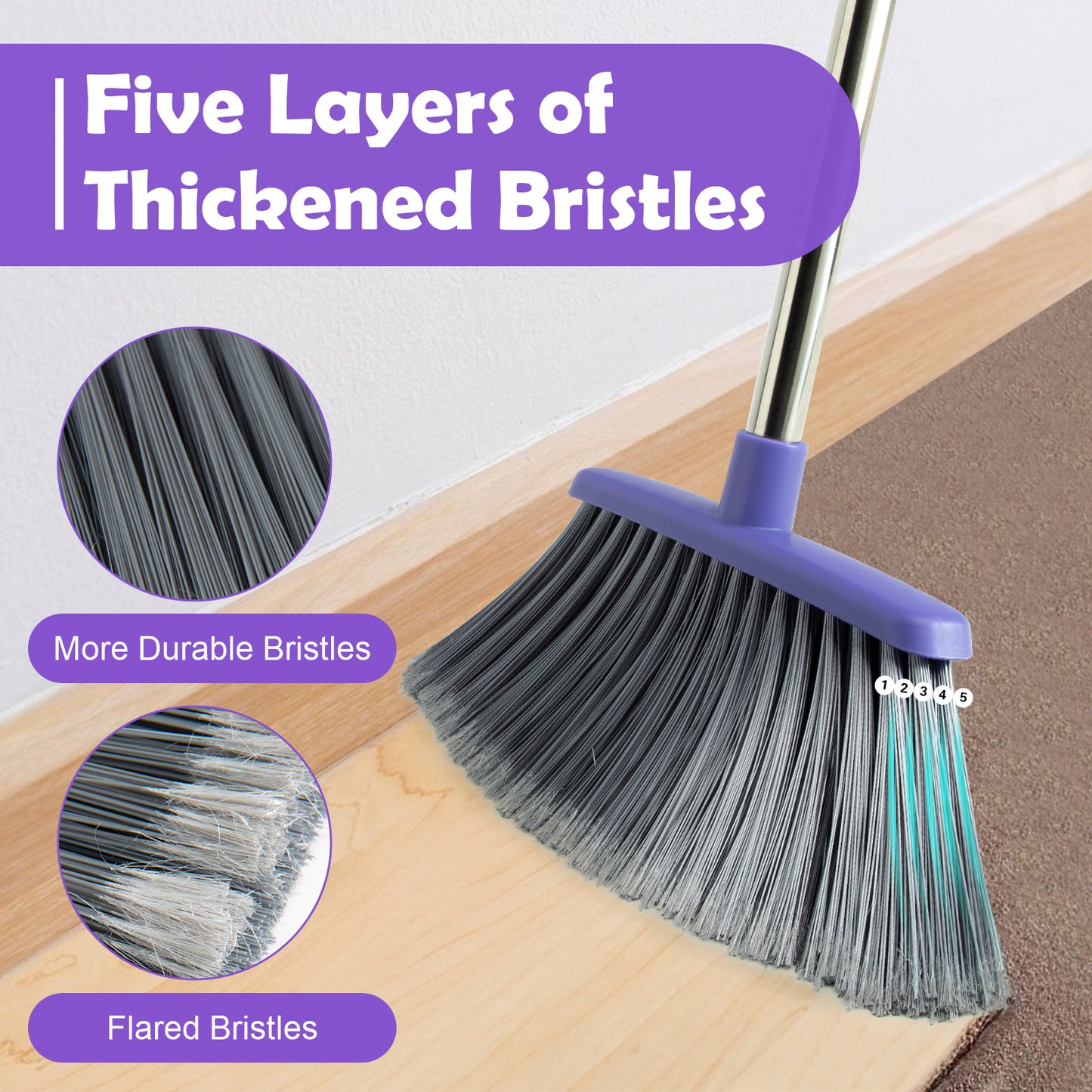 Broom & Dustpan Set | 51" Extendable Handle, Comb Teeth, Foldable Storage (Gray Purple)