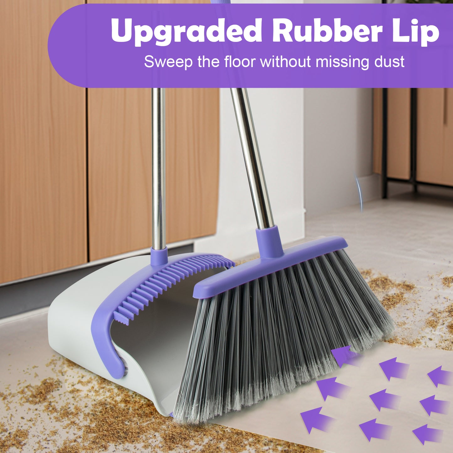 Broom & Dustpan Set | 51" Extendable Handle, Comb Teeth, Foldable Storage (Gray Purple)