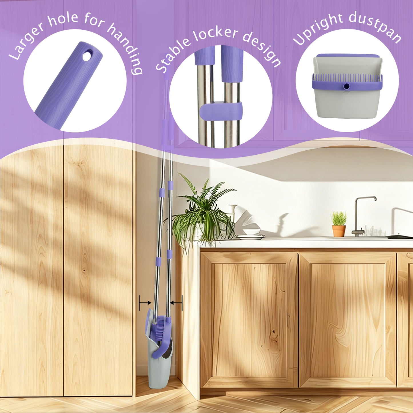Broom & Dustpan Set | 51" Extendable Handle, Comb Teeth, Foldable Storage (Gray Purple)